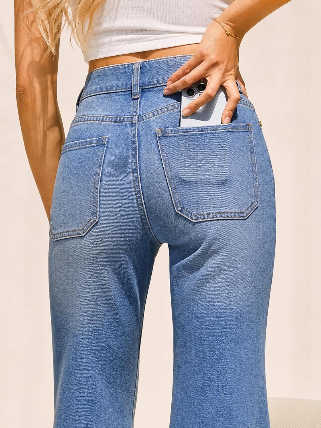 image:imageEMMIOL Flare Jeans for Women Mid High Waisted Stretchy Bell Bottom Jeans Frayed Hems Bootcut 2026 Denim Pants Patch PocketsBlue