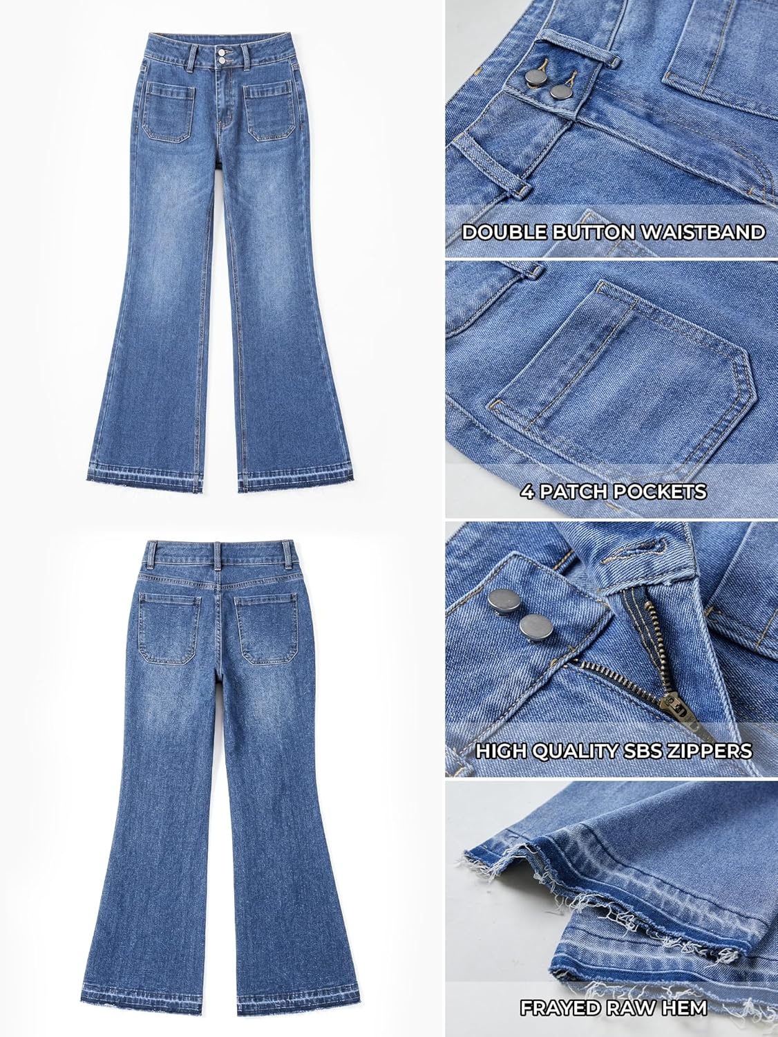 image:imageEMMIOL Flare Jeans for Women Mid High Waisted Stretchy Bell Bottom Jeans Frayed Hems Bootcut 2026 Denim Pants Patch PocketsBlue