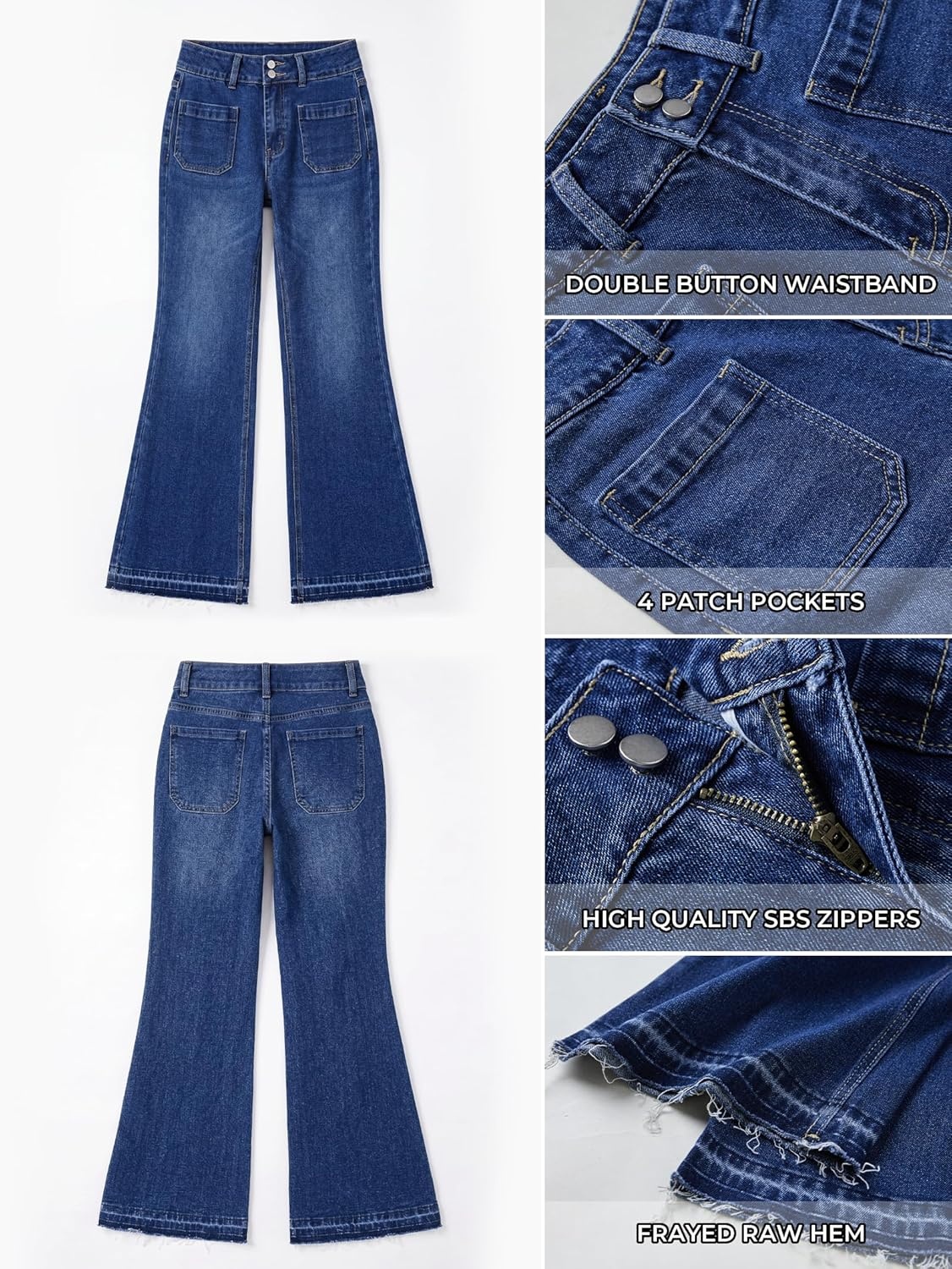 image:imageEMMIOL Flare Jeans for Women Mid High Waisted Stretchy Bell Bottom Jeans Frayed Hems Bootcut 2026 Denim Pants Patch PocketsDark Blue