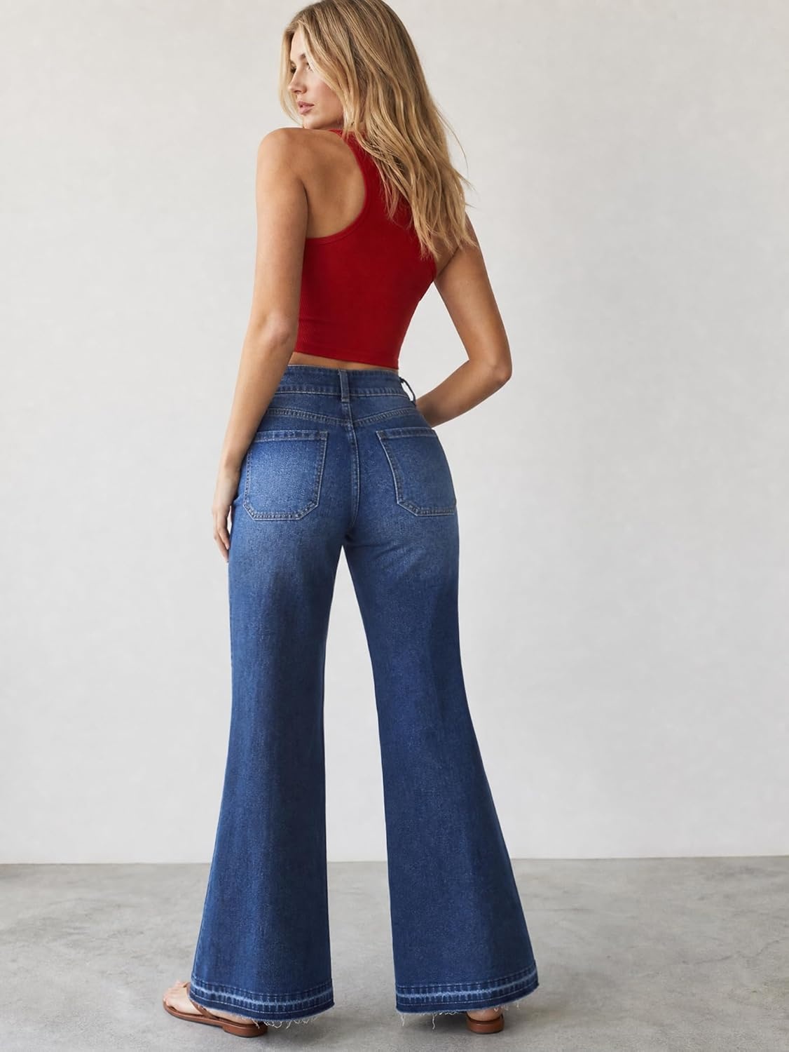 image:imageEMMIOL Flare Jeans for Women Mid High Waisted Stretchy Bell Bottom Jeans Frayed Hems Bootcut 2026 Denim Pants Patch PocketsDark Blue
