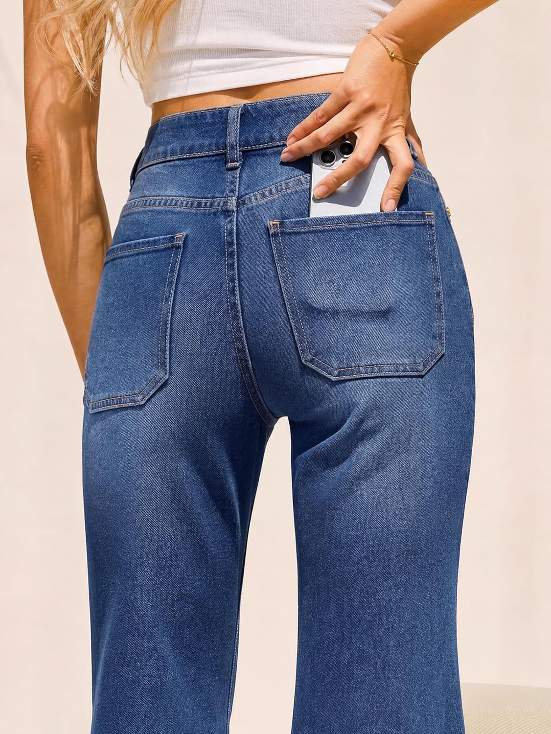 image:imageEMMIOL Flare Jeans for Women Mid High Waisted Stretchy Bell Bottom Jeans Frayed Hems Bootcut 2026 Denim Pants Patch PocketsDark Blue