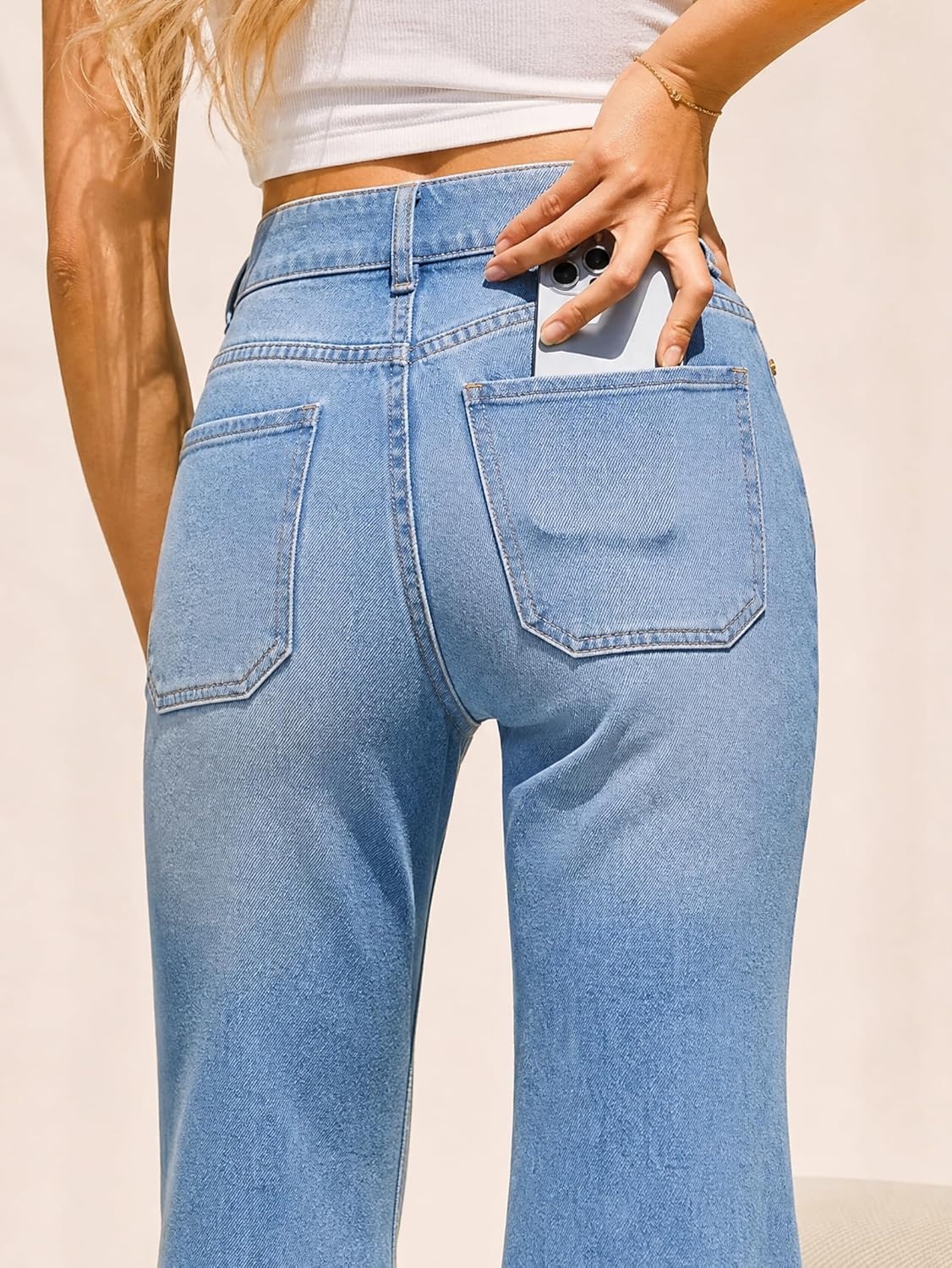 image:imageEMMIOL Flare Jeans for Women Mid High Waisted Stretchy Bell Bottom Jeans Frayed Hems Bootcut 2026 Denim Pants Patch PocketsLight Blue