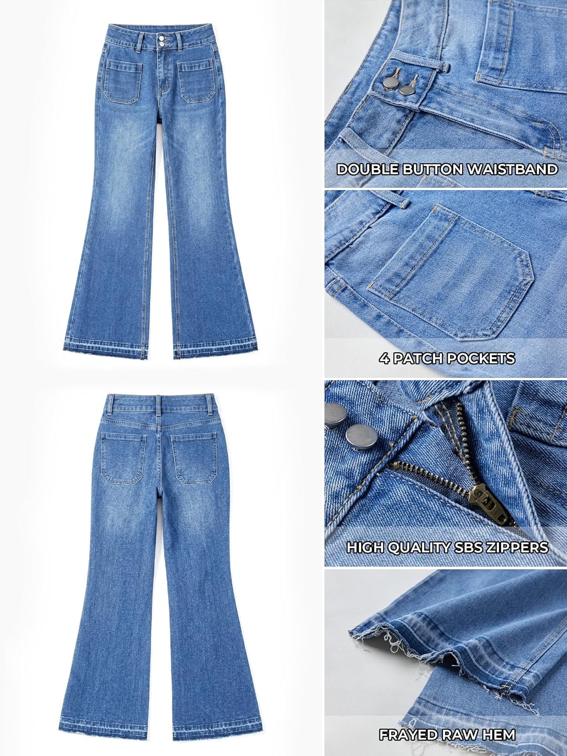 image:imageEMMIOL Flare Jeans for Women Mid High Waisted Stretchy Bell Bottom Jeans Frayed Hems Bootcut 2026 Denim Pants Patch PocketsLight Blue