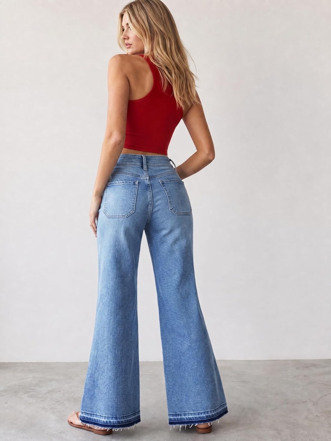 image:imageEMMIOL Flare Jeans for Women Mid High Waisted Stretchy Bell Bottom Jeans Frayed Hems Bootcut 2026 Denim Pants Patch PocketsLight Blue