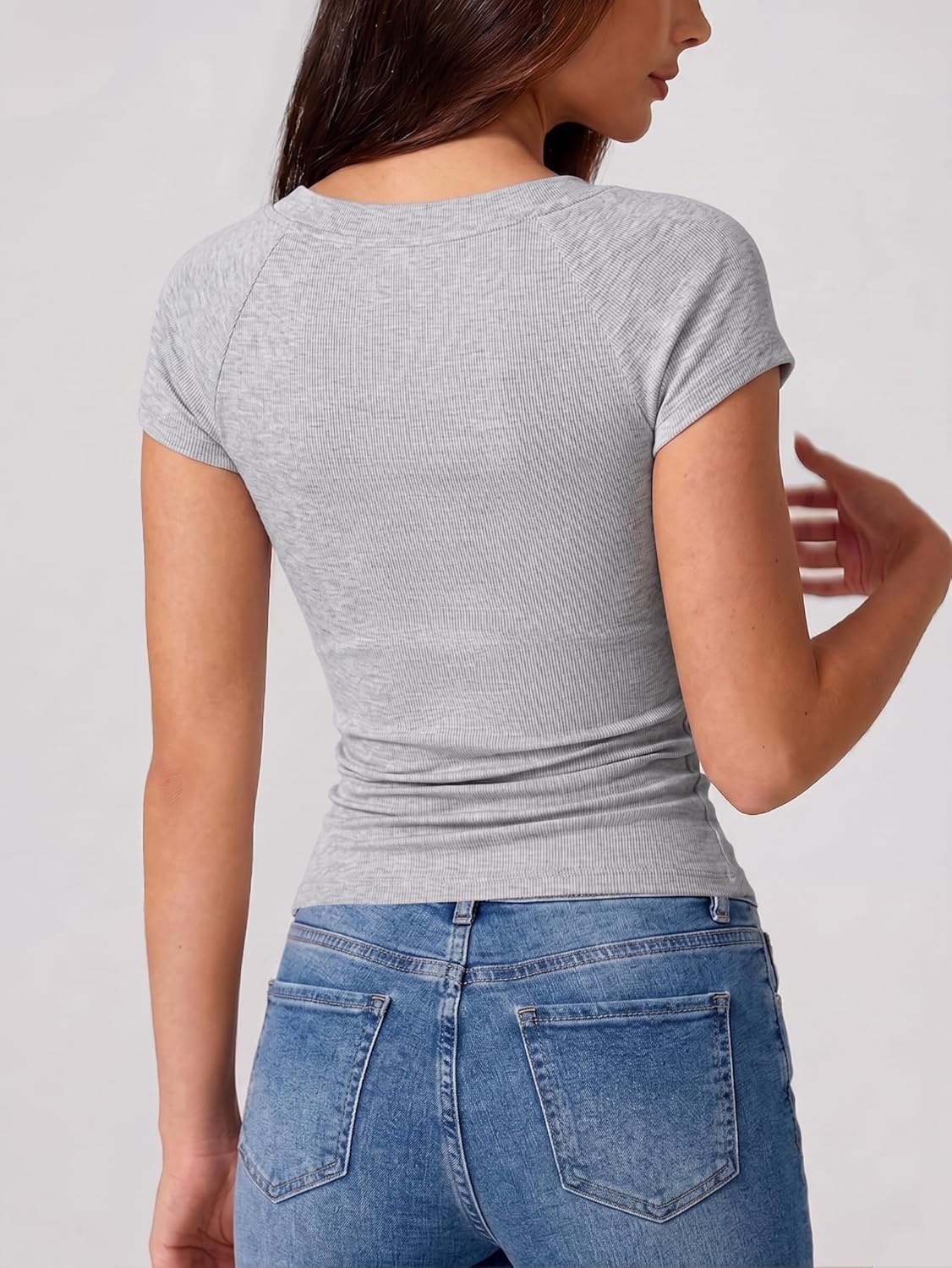 image:imageEMMIOL Sexy V Neck T Shirts for Women Short Sleeve Slim Fit Bow Bandage Cute Crop Tops Y2k 2026 Summer Going Out ClothesGray