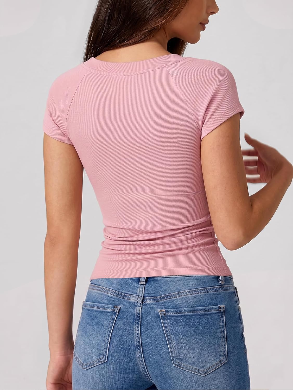 image:imageEMMIOL Sexy V Neck T Shirts for Women Short Sleeve Slim Fit Bow Bandage Cute Crop Tops Y2k 2026 Summer Going Out ClothesPink