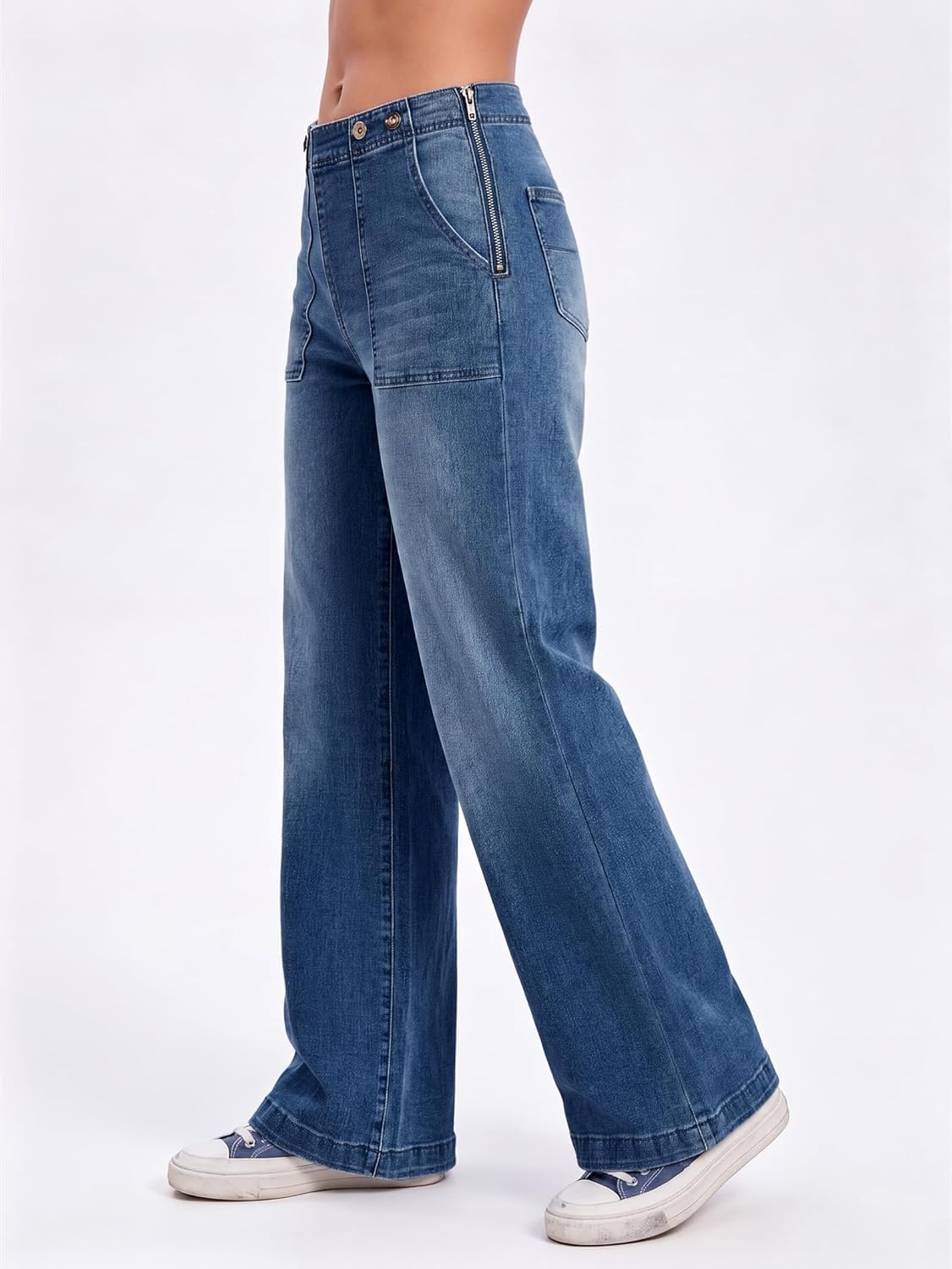 image:imageEMMIOL Womens 2026 Wide Leg Jeans Distress Mid Waist Stretchy Denim Pants Vintage Y2K TrousersAdark Blue