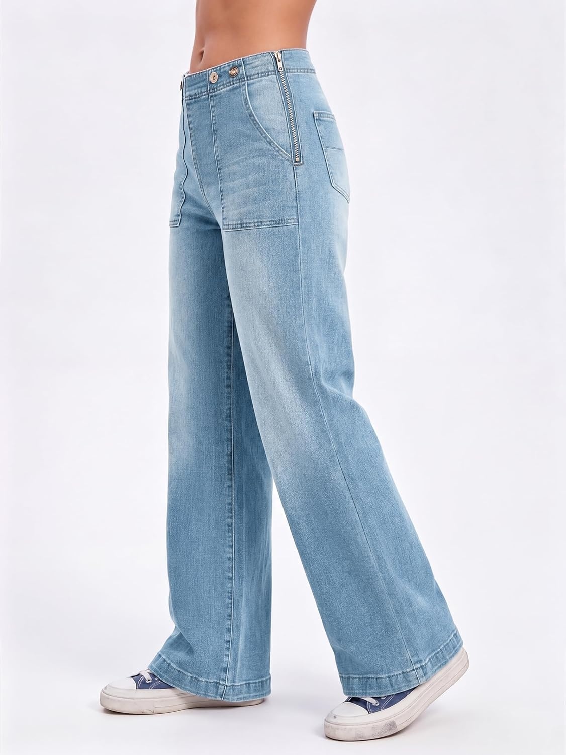 image:imageEMMIOL Womens 2026 Wide Leg Jeans Distress Mid Waist Stretchy Denim Pants Vintage Y2K TrousersAlight Blue