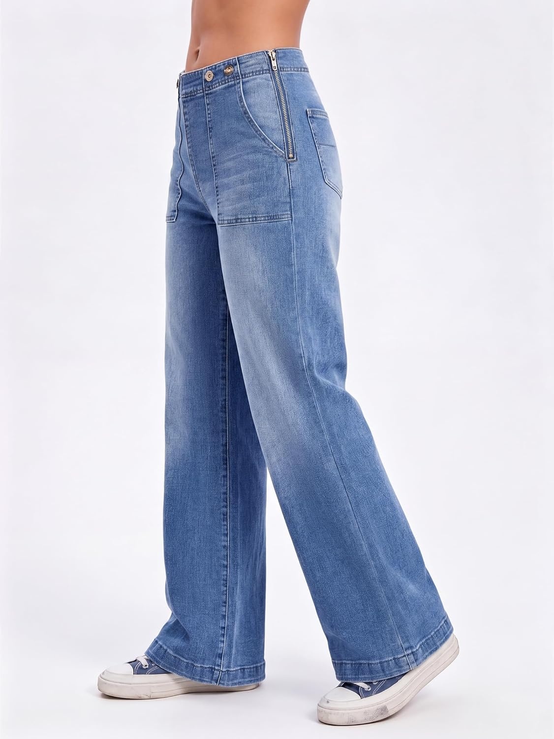 image:imageEMMIOL Womens 2026 Wide Leg Jeans Distress Mid Waist Stretchy Denim Pants Vintage Y2K TrousersAmid Blue