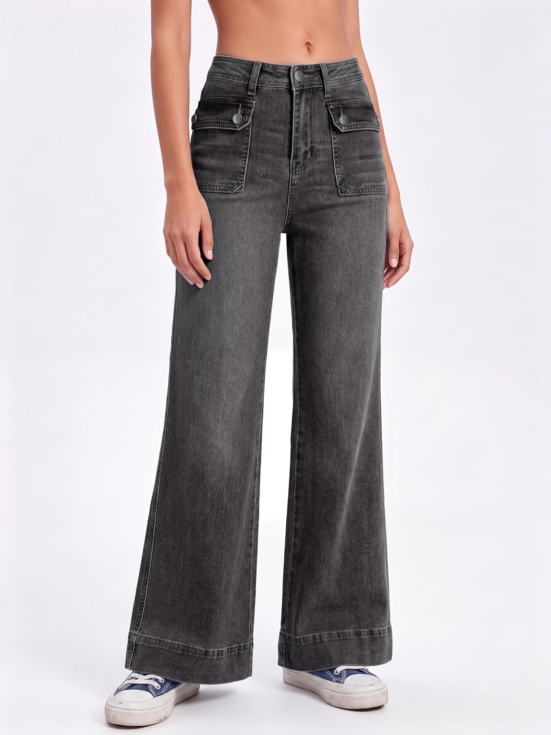 image:imageEMMIOL Womens 2026 Wide Leg Jeans Distress Mid Waist Stretchy Denim Pants Vintage Y2K TrousersBgrey