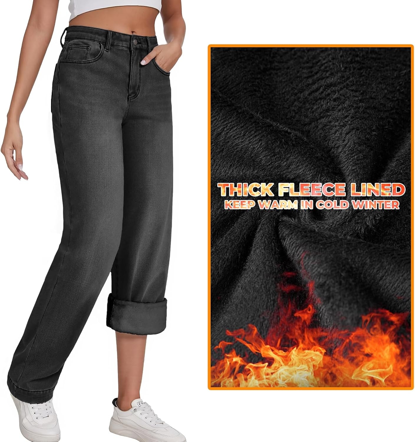 image:imageEMMIOL Womens 2026 Wide Leg Jeans Distress Mid Waist Stretchy Denim Pants Vintage Y2K TrousersBlackwarm Fleece Lined