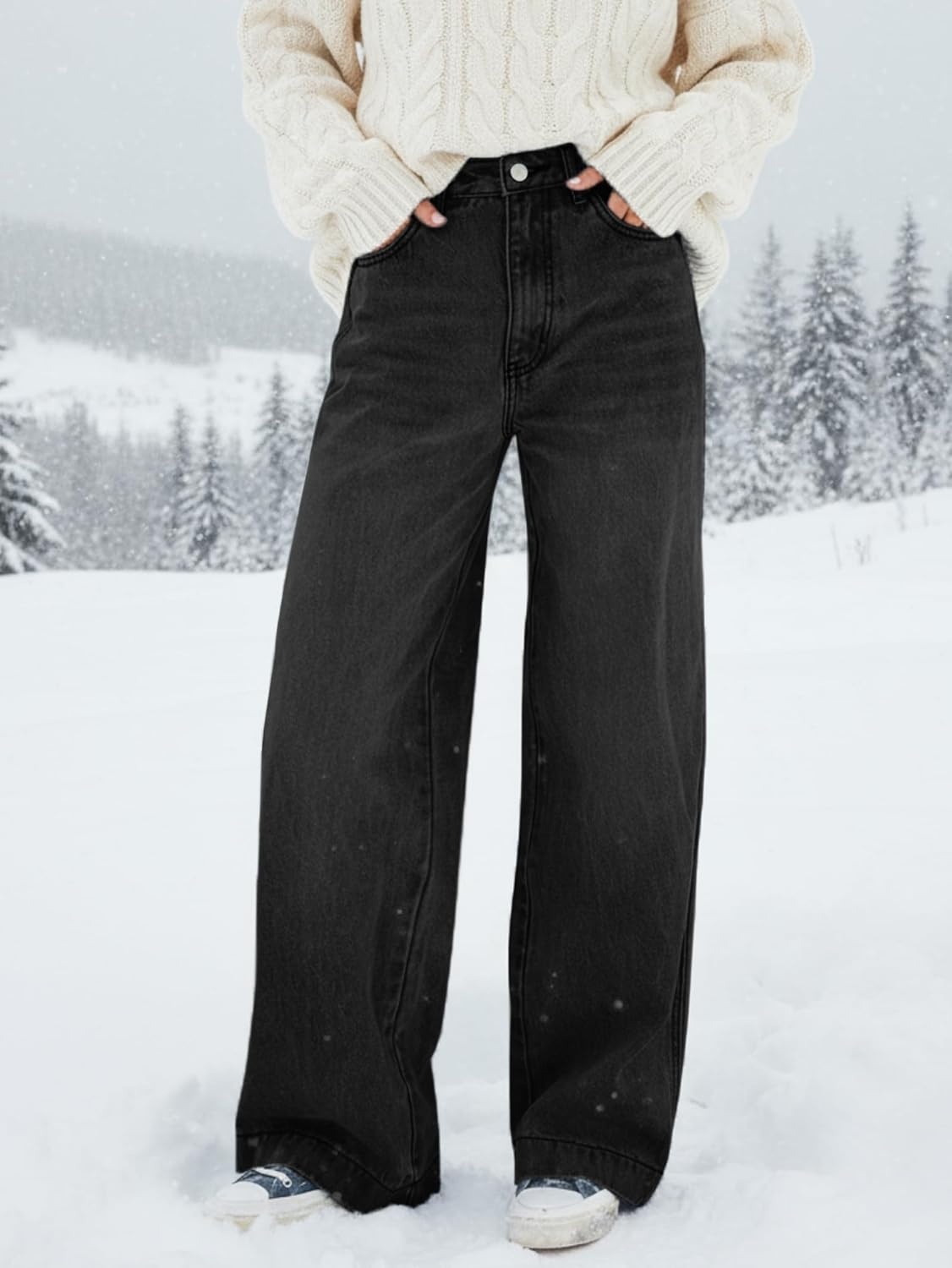 image:imageEMMIOL Womens 2026 Wide Leg Jeans Distress Mid Waist Stretchy Denim Pants Vintage Y2K TrousersBlackwarm Fleece Lined