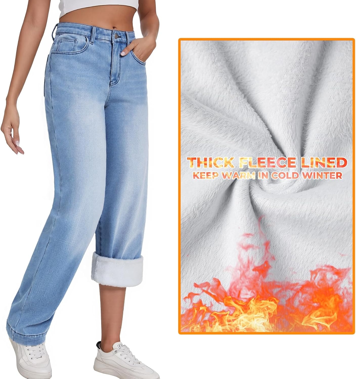image:imageEMMIOL Womens 2026 Wide Leg Jeans Distress Mid Waist Stretchy Denim Pants Vintage Y2K TrousersBluewarm Fleece Lined