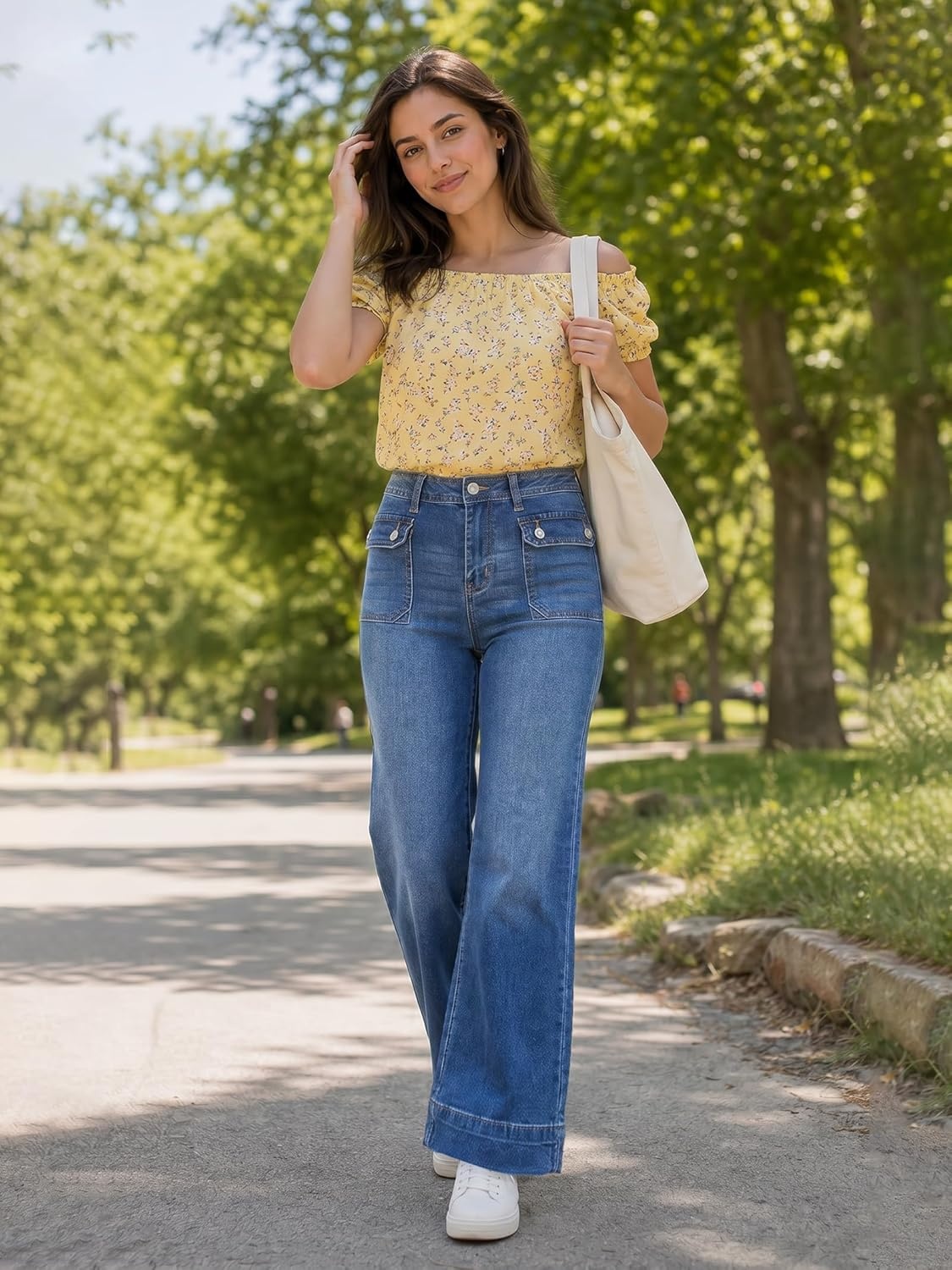 image:imageEMMIOL Womens 2026 Wide Leg Jeans Distress Mid Waist Stretchy Denim Pants Vintage Y2K TrousersBmid Blue