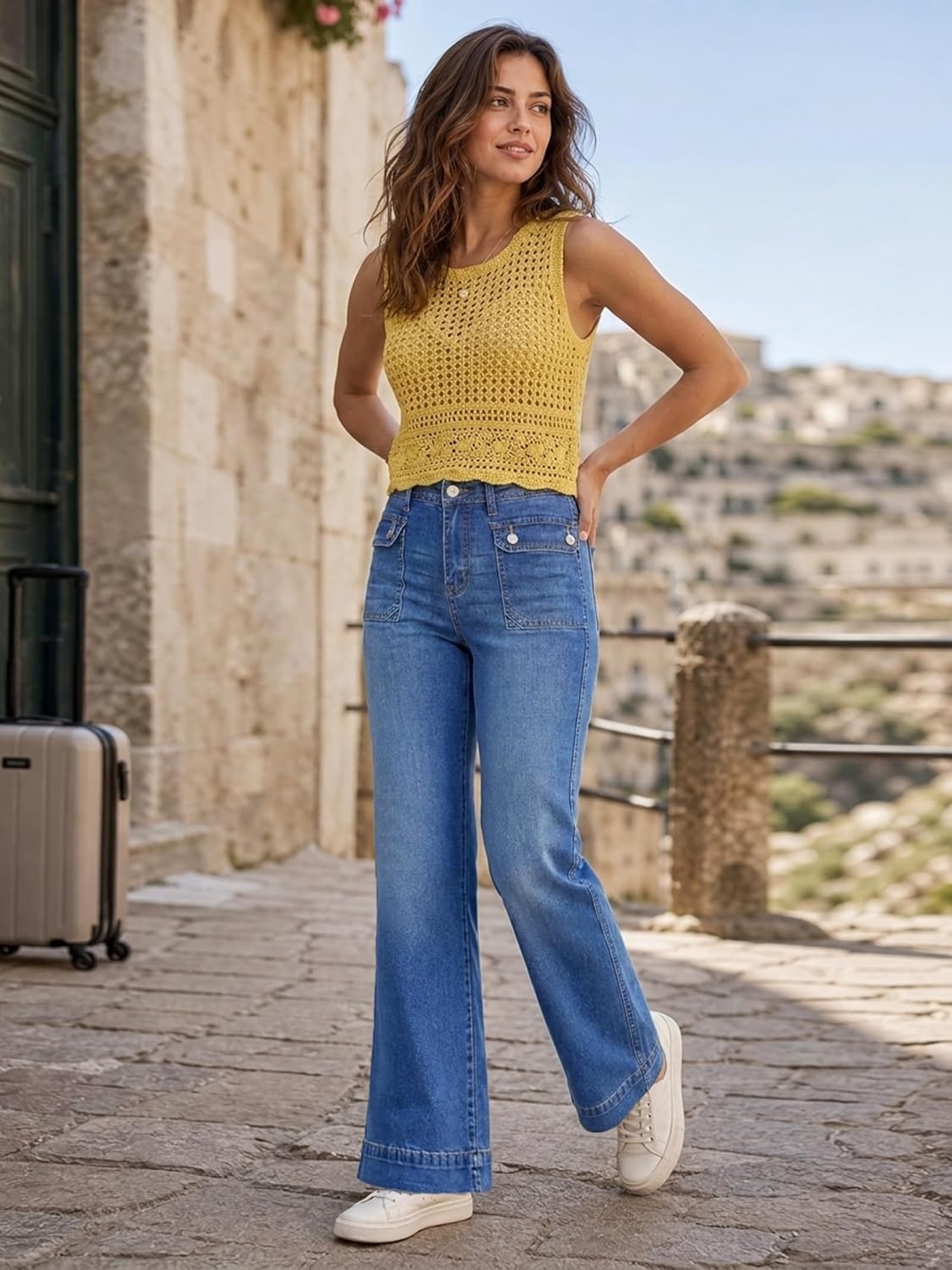 image:imageEMMIOL Womens 2026 Wide Leg Jeans Distress Mid Waist Stretchy Denim Pants Vintage Y2K TrousersBmid Blue