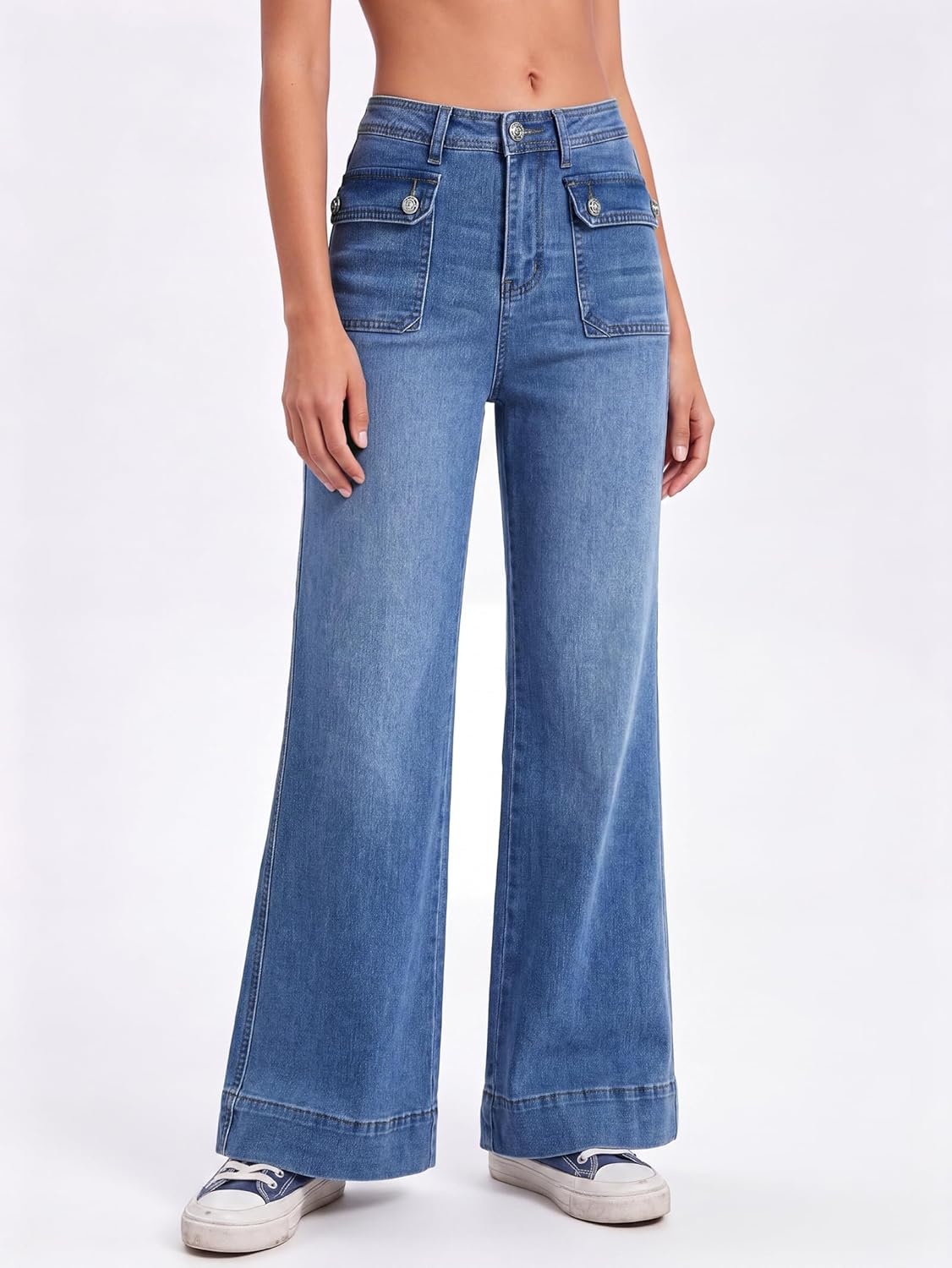 image:imageEMMIOL Womens 2026 Wide Leg Jeans Distress Mid Waist Stretchy Denim Pants Vintage Y2K TrousersBmid Blue