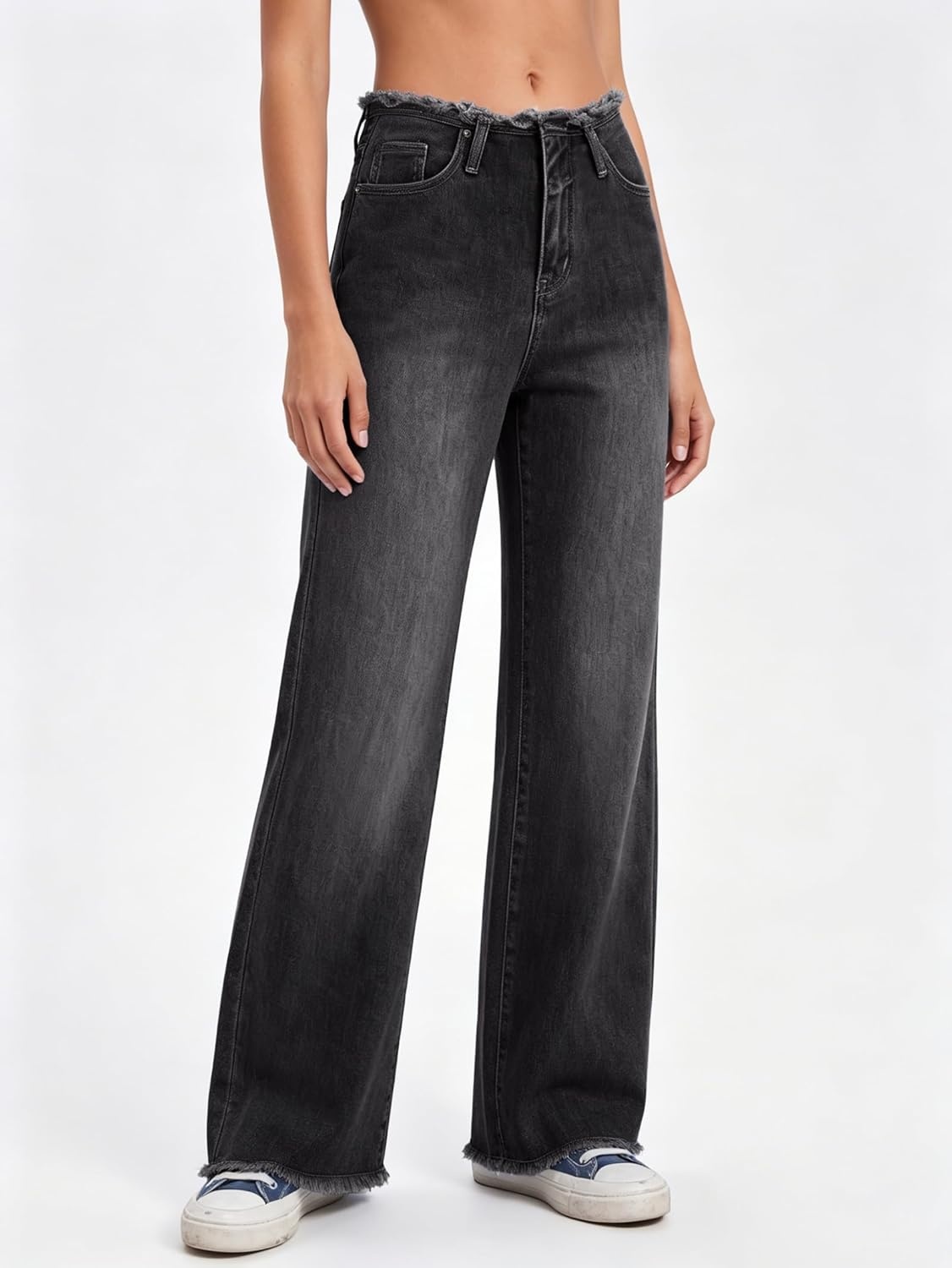 image:imageEMMIOL Womens 2026 Wide Leg Jeans Distress Mid Waist Stretchy Denim Pants Vintage Y2K TrousersCblack