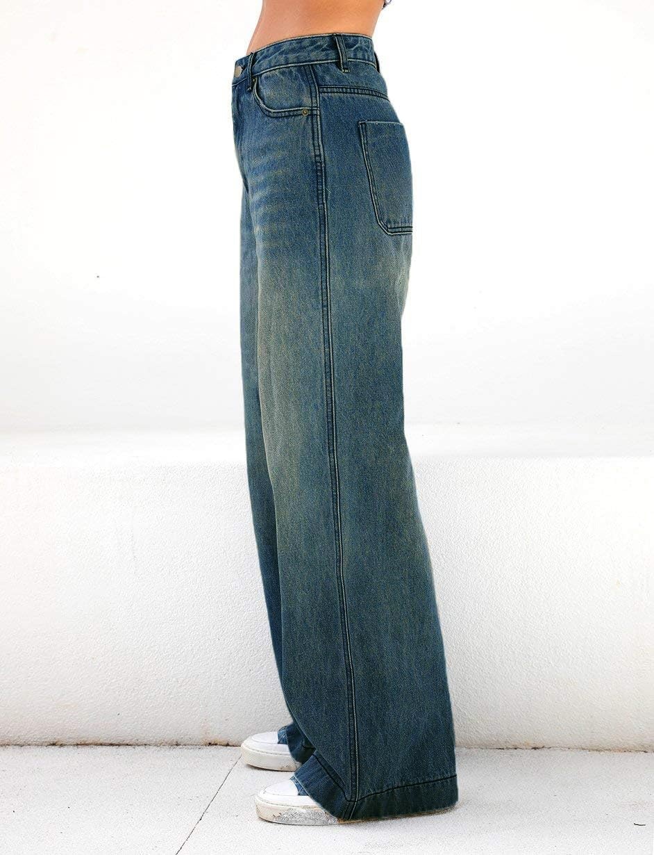 image:imageEMMIOL Womens 2026 Wide Leg Jeans Distress Mid Waist Stretchy Denim Pants Vintage Y2K TrousersDark Blue