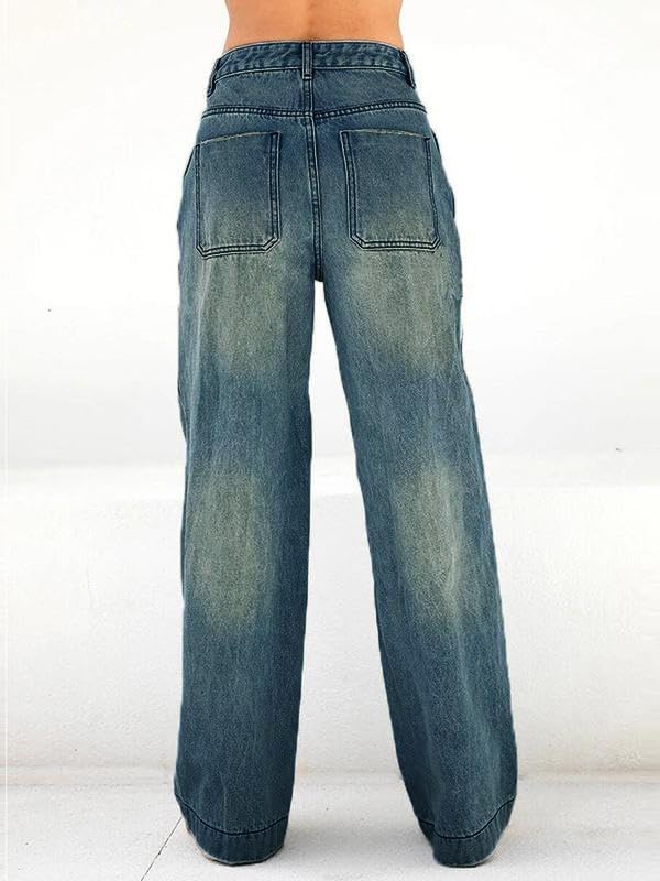 image:imageEMMIOL Womens 2026 Wide Leg Jeans Distress Mid Waist Stretchy Denim Pants Vintage Y2K TrousersDark Blue