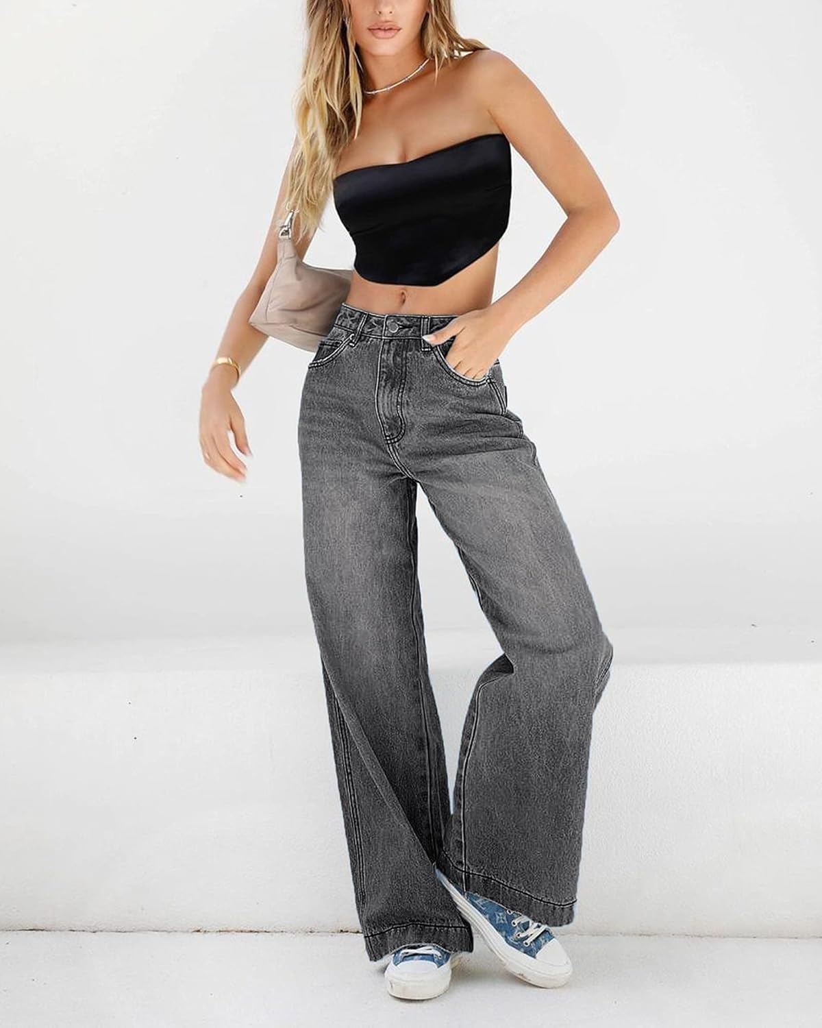 image:imageEMMIOL Womens 2026 Wide Leg Jeans Distress Mid Waist Stretchy Denim Pants Vintage Y2K TrousersDark Greya171