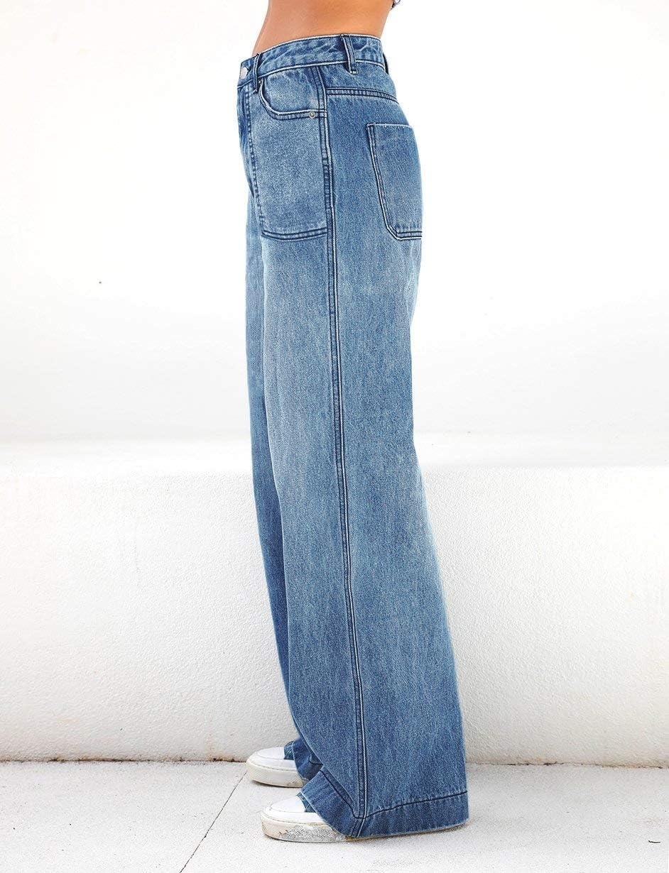 image:imageEMMIOL Womens 2026 Wide Leg Jeans Distress Mid Waist Stretchy Denim Pants Vintage Y2K TrousersDenim Blue