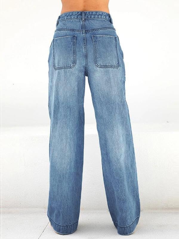 image:imageEMMIOL Womens 2026 Wide Leg Jeans Distress Mid Waist Stretchy Denim Pants Vintage Y2K TrousersDenim Blue