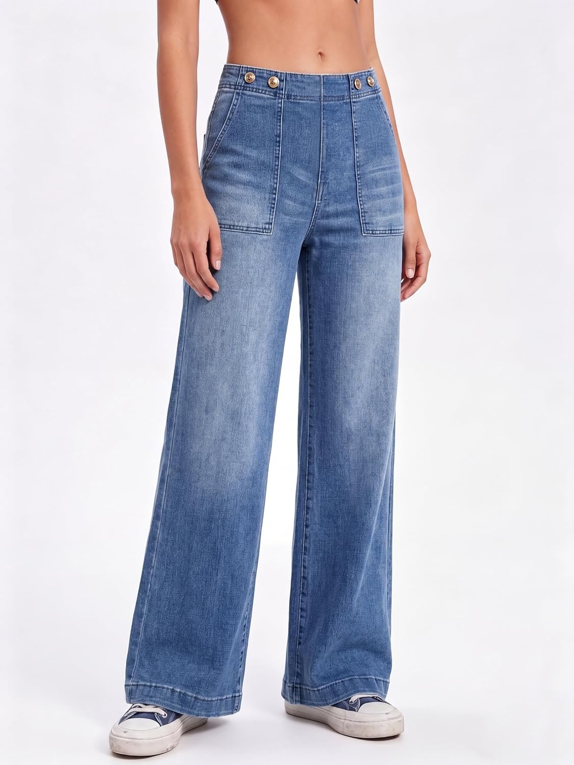image:imageEMMIOL Womens 2026 Wide Leg Jeans Distress Mid Waist Stretchy Denim Pants Vintage Y2K TrousersMid Blue