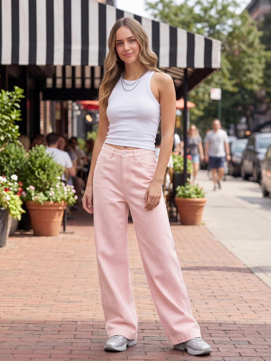 image:imageEMMIOL Womens 2026 Wide Leg Jeans Distress Mid Waist Stretchy Denim Pants Vintage Y2K TrousersPink