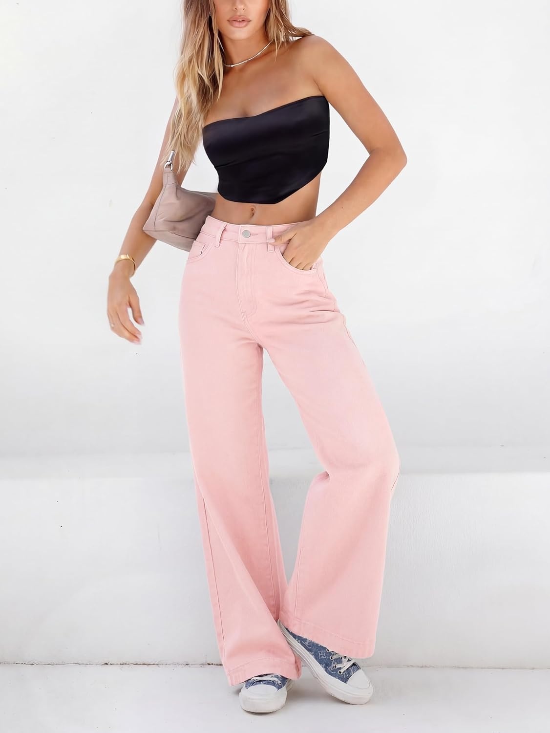 image:imageEMMIOL Womens 2026 Wide Leg Jeans Distress Mid Waist Stretchy Denim Pants Vintage Y2K TrousersPink