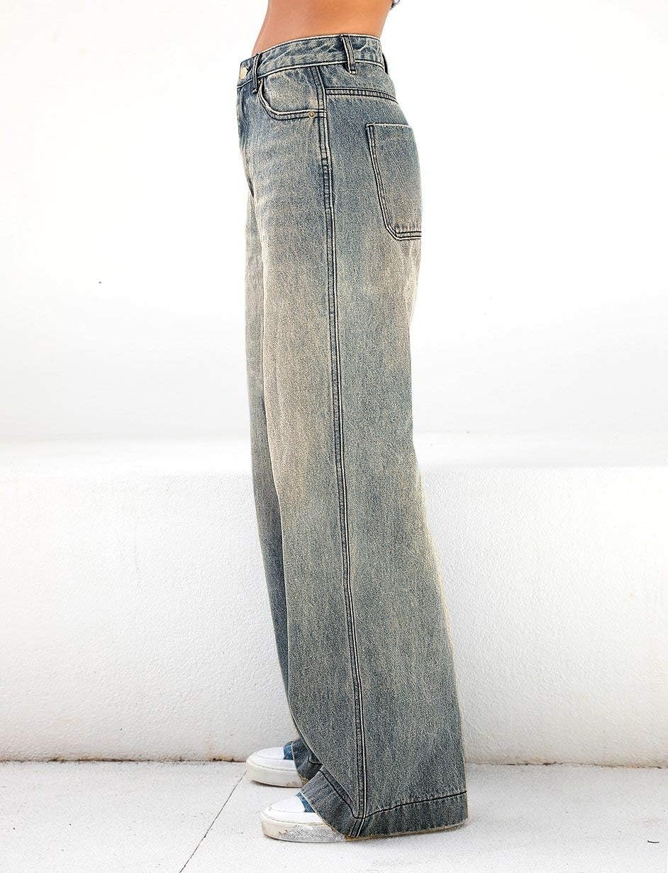 image:imageEMMIOL Womens 2026 Wide Leg Jeans Distress Mid Waist Stretchy Denim Pants Vintage Y2K TrousersRetro Blue