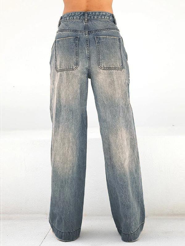 image:imageEMMIOL Womens 2026 Wide Leg Jeans Distress Mid Waist Stretchy Denim Pants Vintage Y2K TrousersRetro Blue
