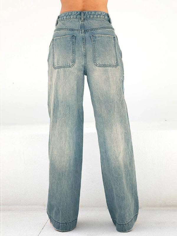 image:imageEMMIOL Womens 2026 Wide Leg Jeans Distress Mid Waist Stretchy Denim Pants Vintage Y2K TrousersWashed Bluea171
