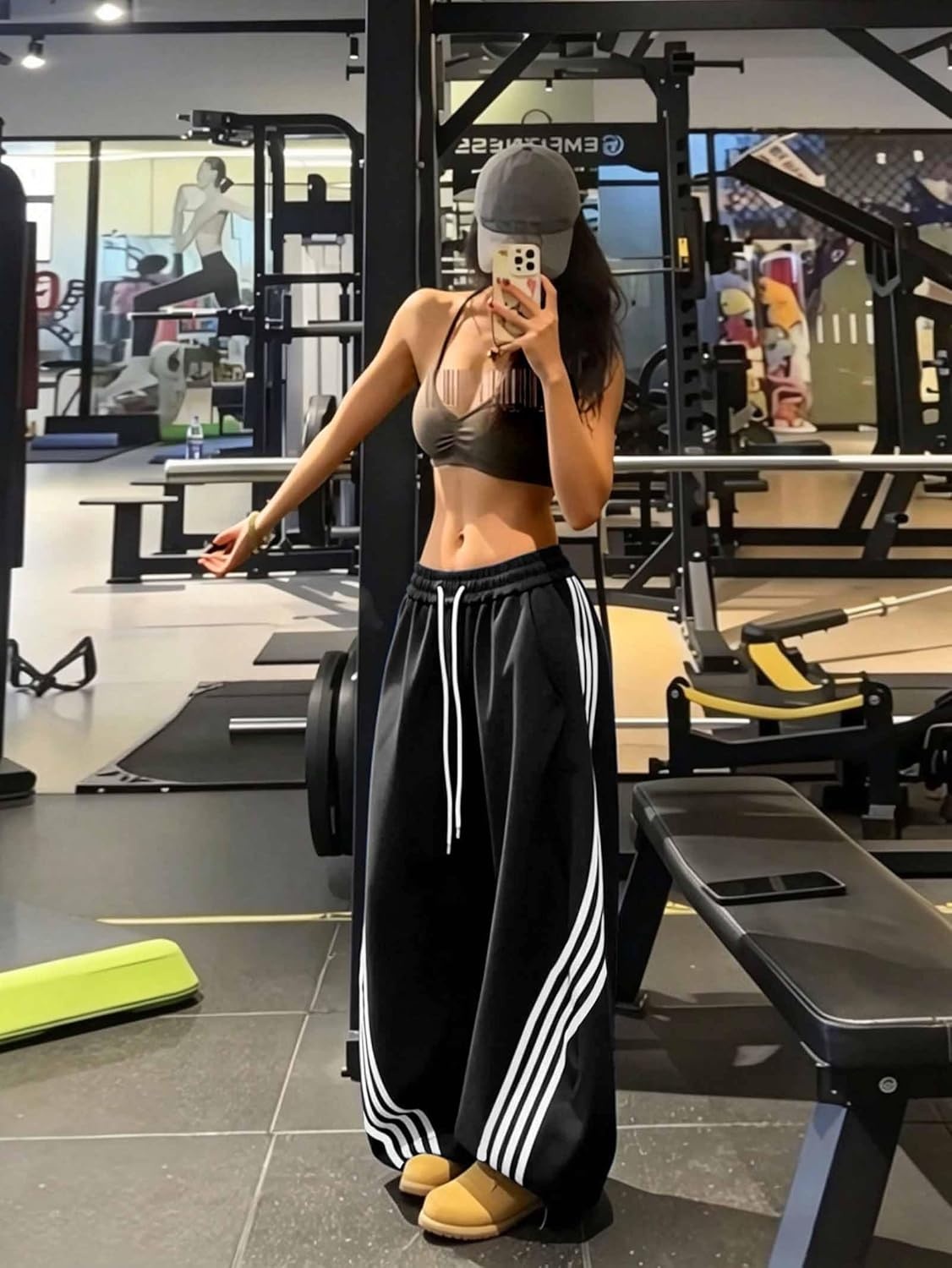 image:imageEMMIOL Y2K Striped Barrel Sweatpants for Women Baggy High Waisted Wide Leg Joggers with Drawstring Waist Adjustable CuffsBlack