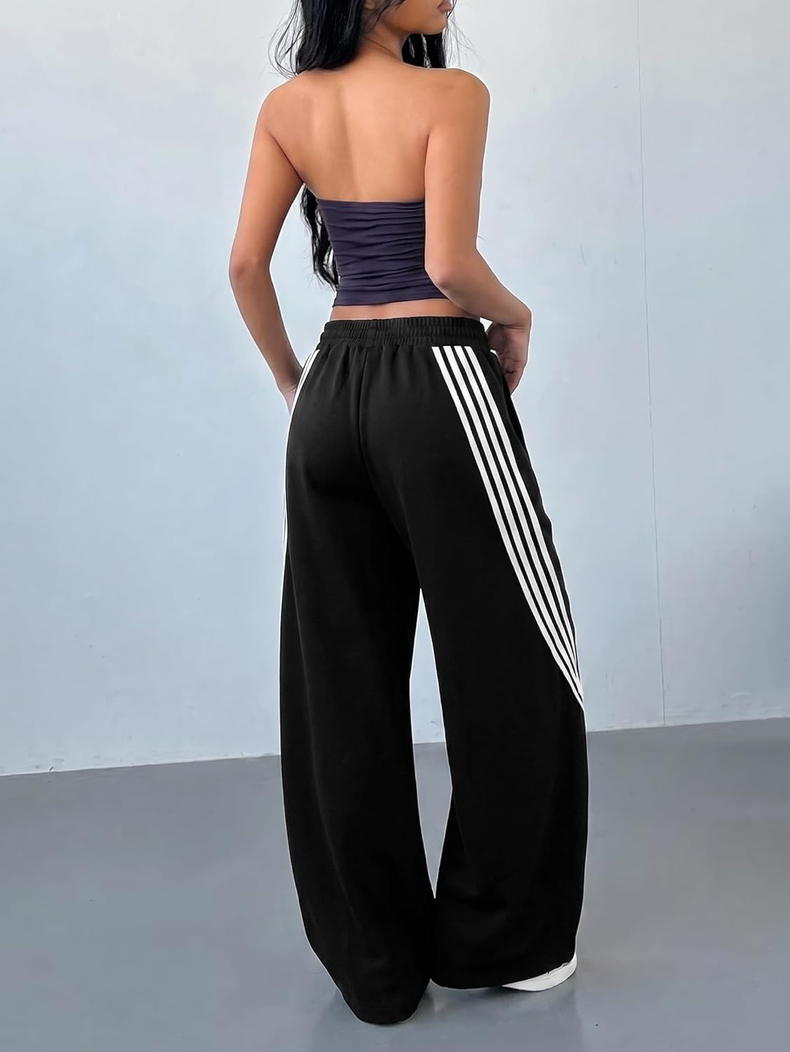 image:imageEMMIOL Y2K Striped Barrel Sweatpants for Women Baggy High Waisted Wide Leg Joggers with Drawstring Waist Adjustable CuffsBlack
