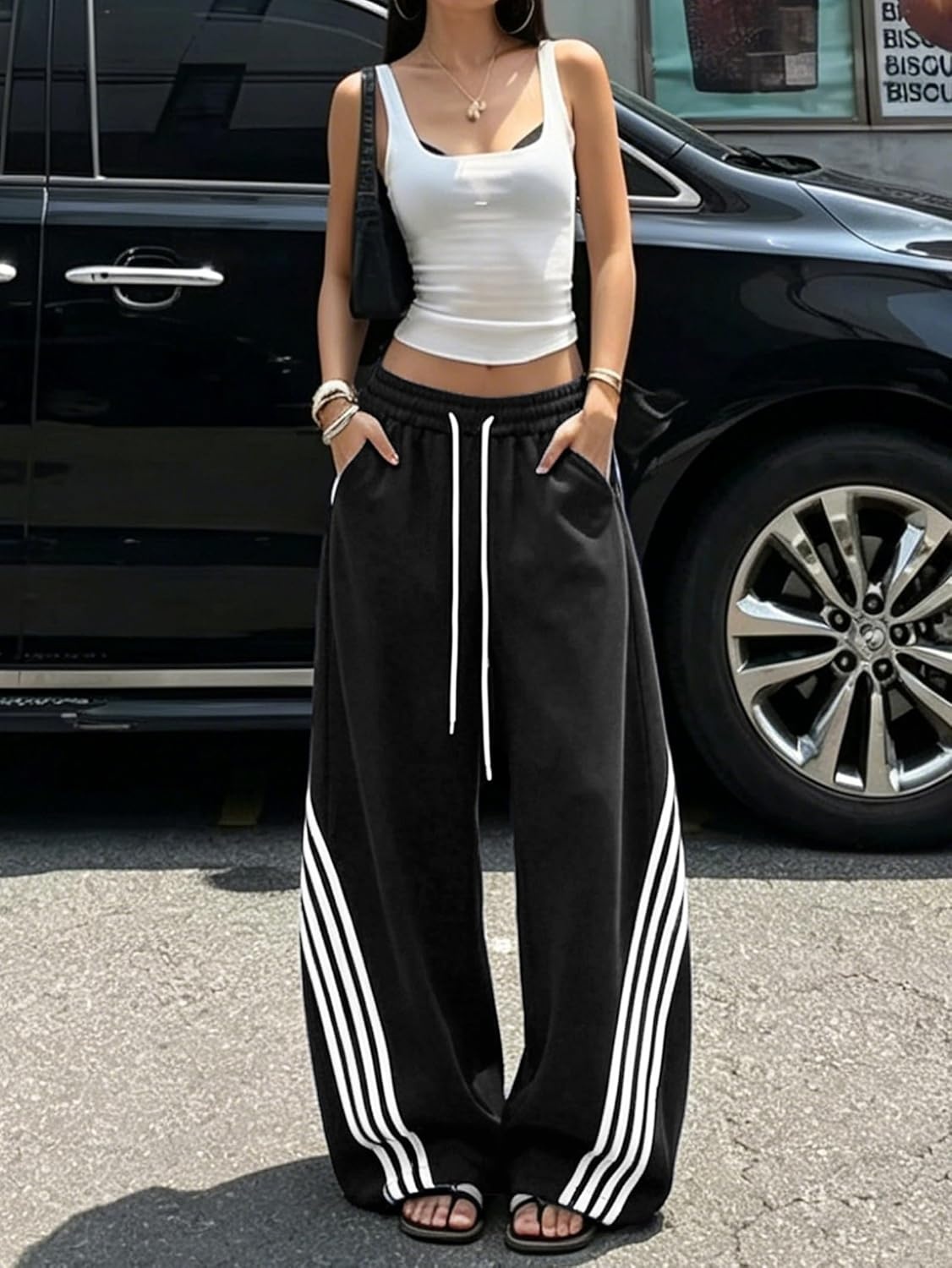 image:imageEMMIOL Y2K Striped Barrel Sweatpants for Women Baggy High Waisted Wide Leg Joggers with Drawstring Waist Adjustable CuffsBlack