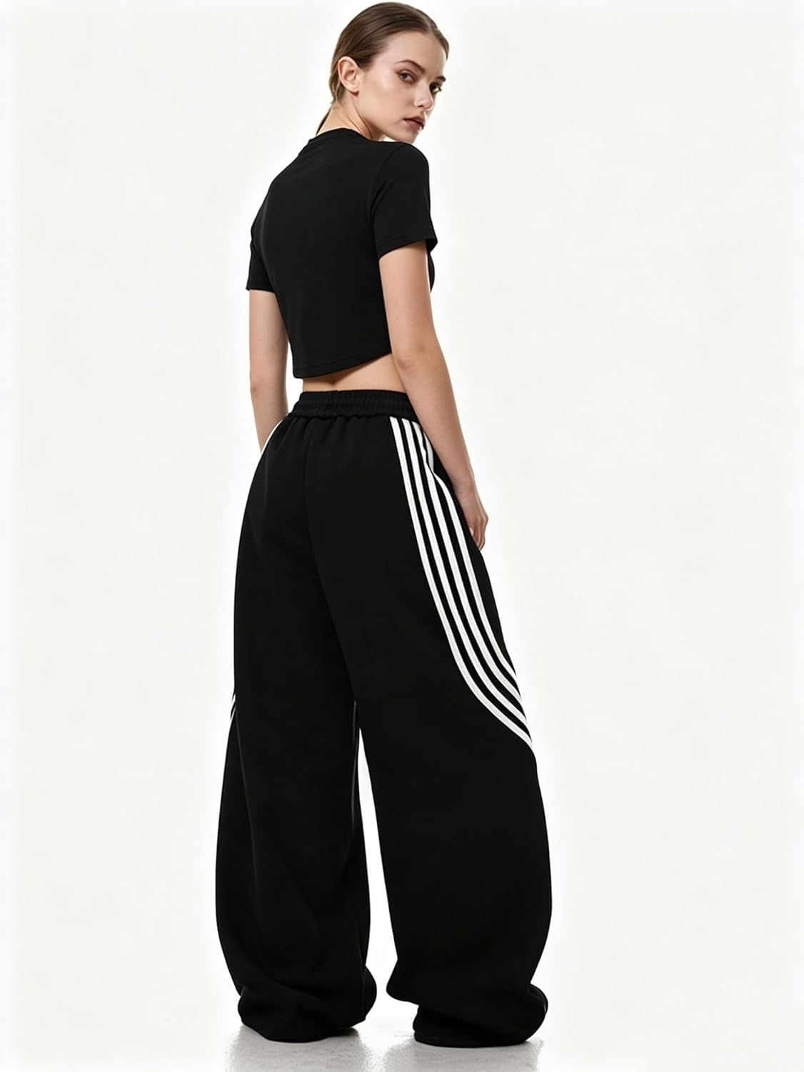 image:imageEMMIOL Y2K Striped Barrel Sweatpants for Women Baggy High Waisted Wide Leg Joggers with Drawstring Waist Adjustable CuffsBlack