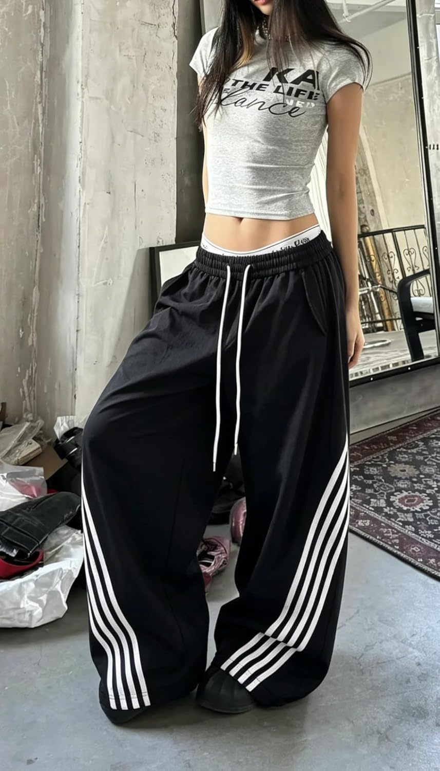 image:imageEMMIOL Y2K Striped Barrel Sweatpants for Women Baggy High Waisted Wide Leg Joggers with Drawstring Waist Adjustable CuffsBlack