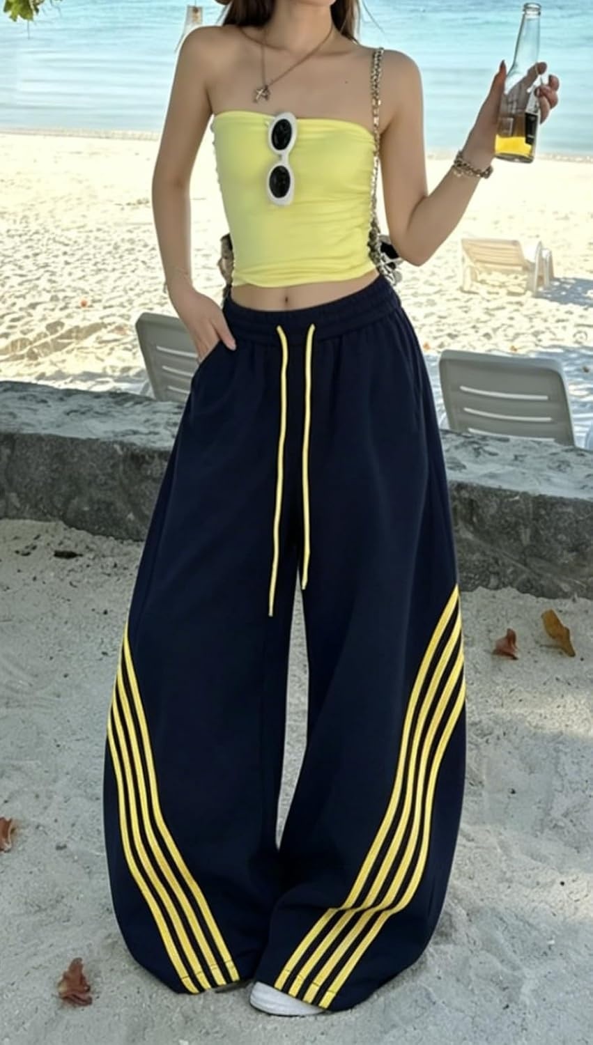 image:imageEMMIOL Y2K Striped Barrel Sweatpants for Women Baggy High Waisted Wide Leg Joggers with Drawstring Waist Adjustable CuffsDark Blue