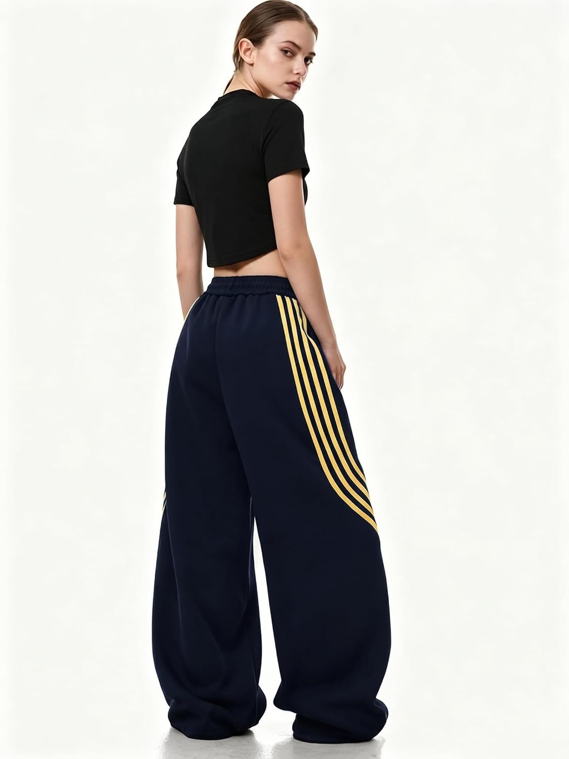 image:imageEMMIOL Y2K Striped Barrel Sweatpants for Women Baggy High Waisted Wide Leg Joggers with Drawstring Waist Adjustable CuffsDark Blue