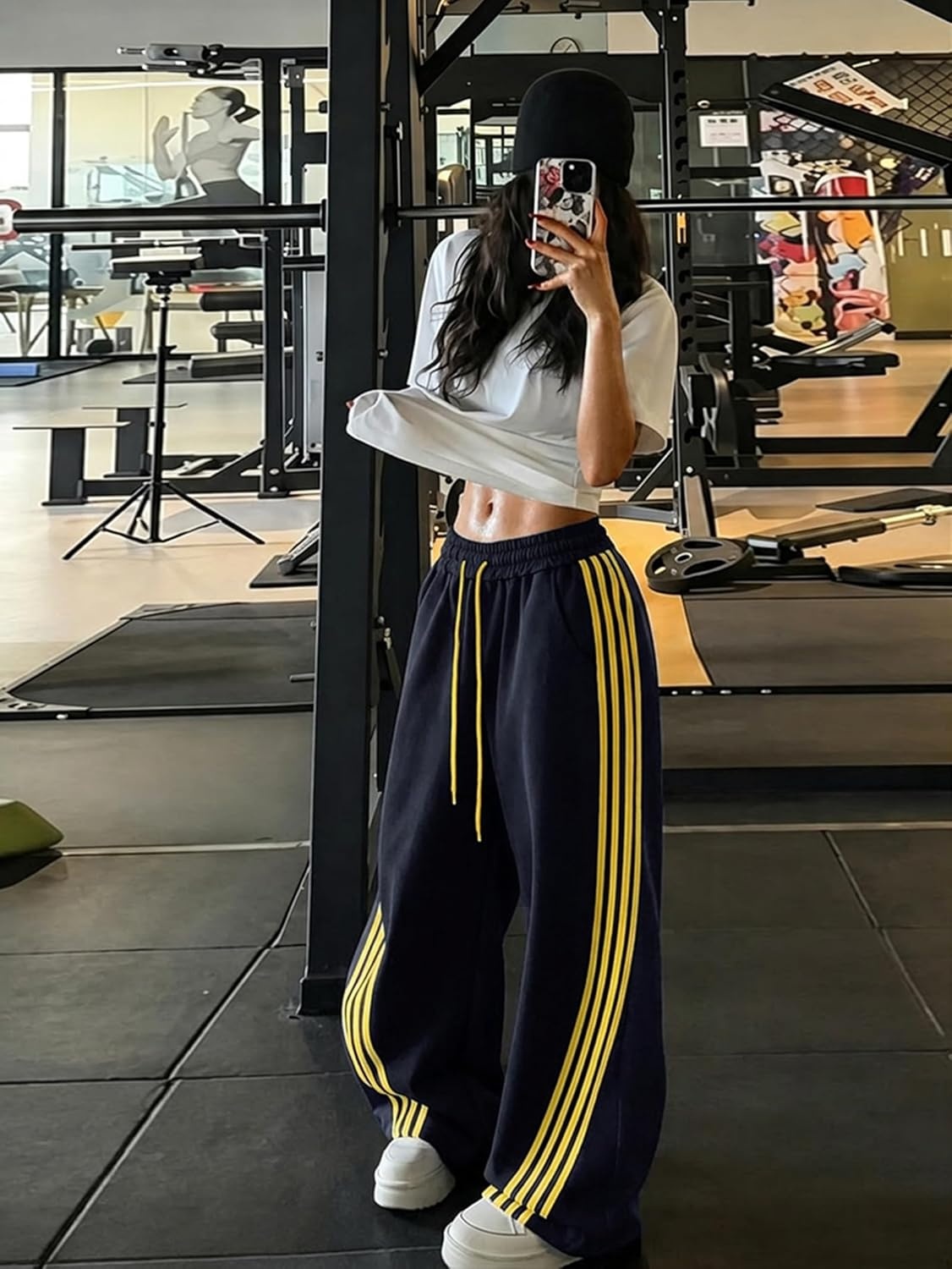 image:imageEMMIOL Y2K Striped Barrel Sweatpants for Women Baggy High Waisted Wide Leg Joggers with Drawstring Waist Adjustable CuffsDark Blue