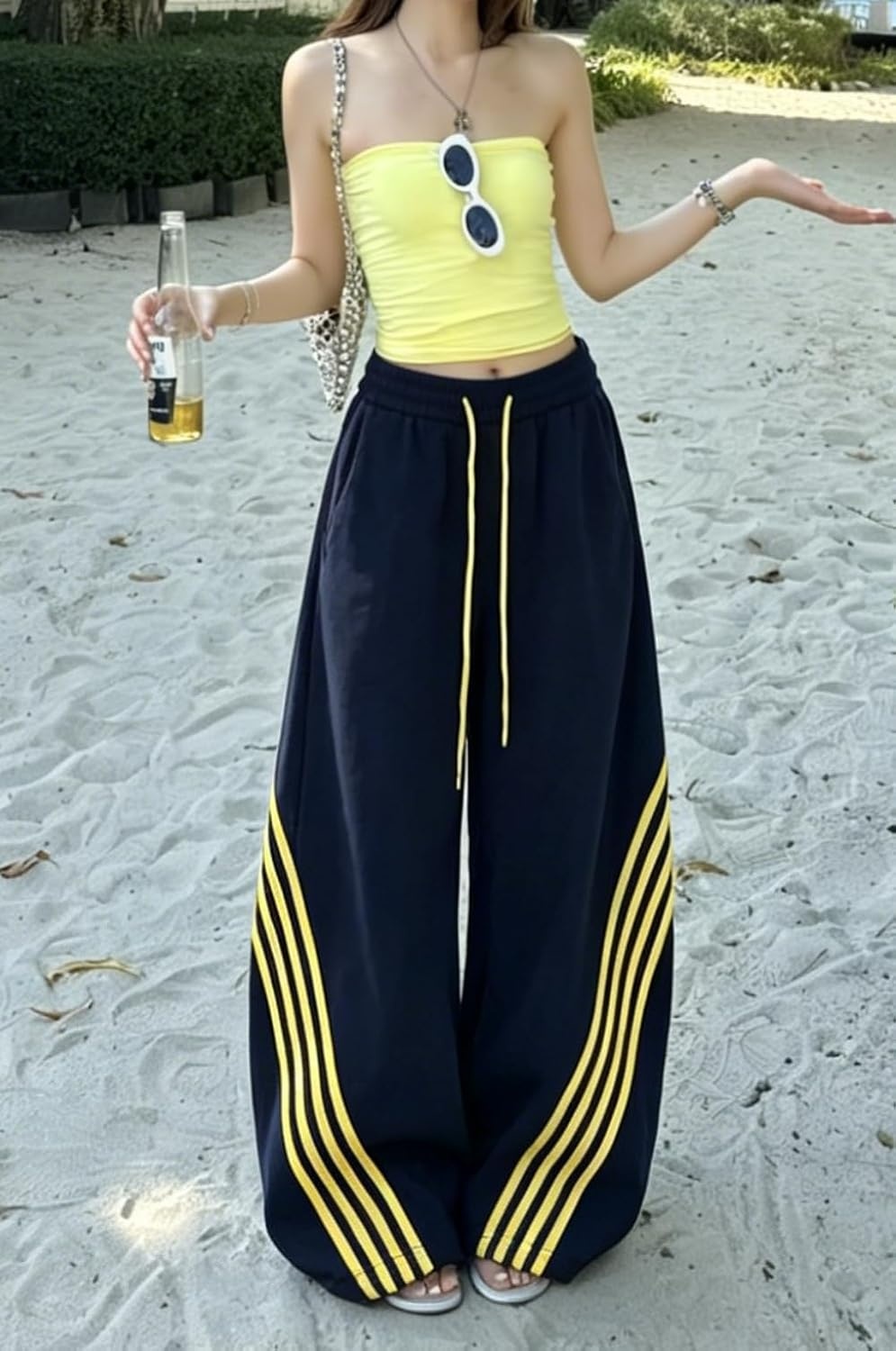 image:imageEMMIOL Y2K Striped Barrel Sweatpants for Women Baggy High Waisted Wide Leg Joggers with Drawstring Waist Adjustable CuffsDark Blue