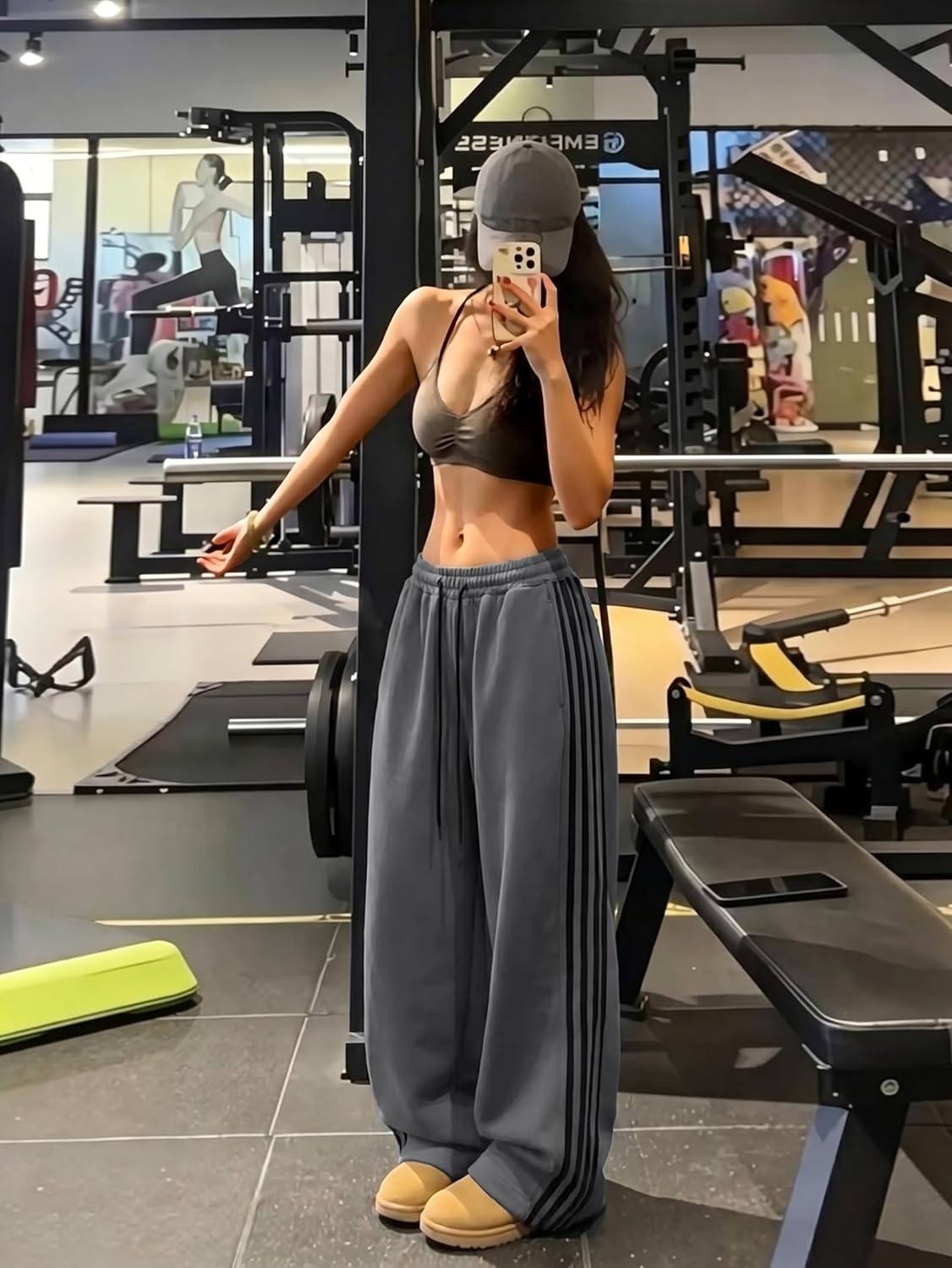 image:imageEMMIOL Y2K Striped Barrel Sweatpants for Women Baggy High Waisted Wide Leg Joggers with Drawstring Waist Adjustable CuffsGrey