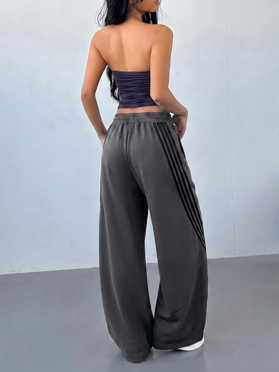 image:imageEMMIOL Y2K Striped Barrel Sweatpants for Women Baggy High Waisted Wide Leg Joggers with Drawstring Waist Adjustable CuffsGrey