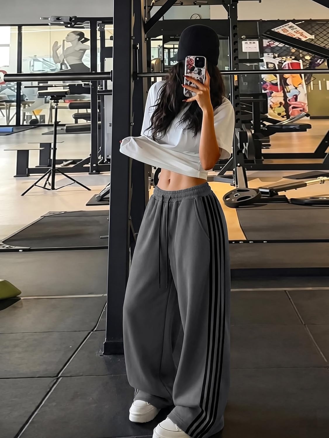 image:imageEMMIOL Y2K Striped Barrel Sweatpants for Women Baggy High Waisted Wide Leg Joggers with Drawstring Waist Adjustable CuffsGrey