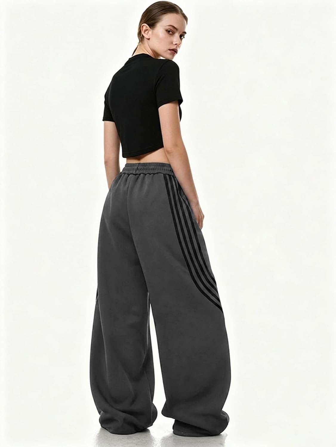image:imageEMMIOL Y2K Striped Barrel Sweatpants for Women Baggy High Waisted Wide Leg Joggers with Drawstring Waist Adjustable CuffsGrey