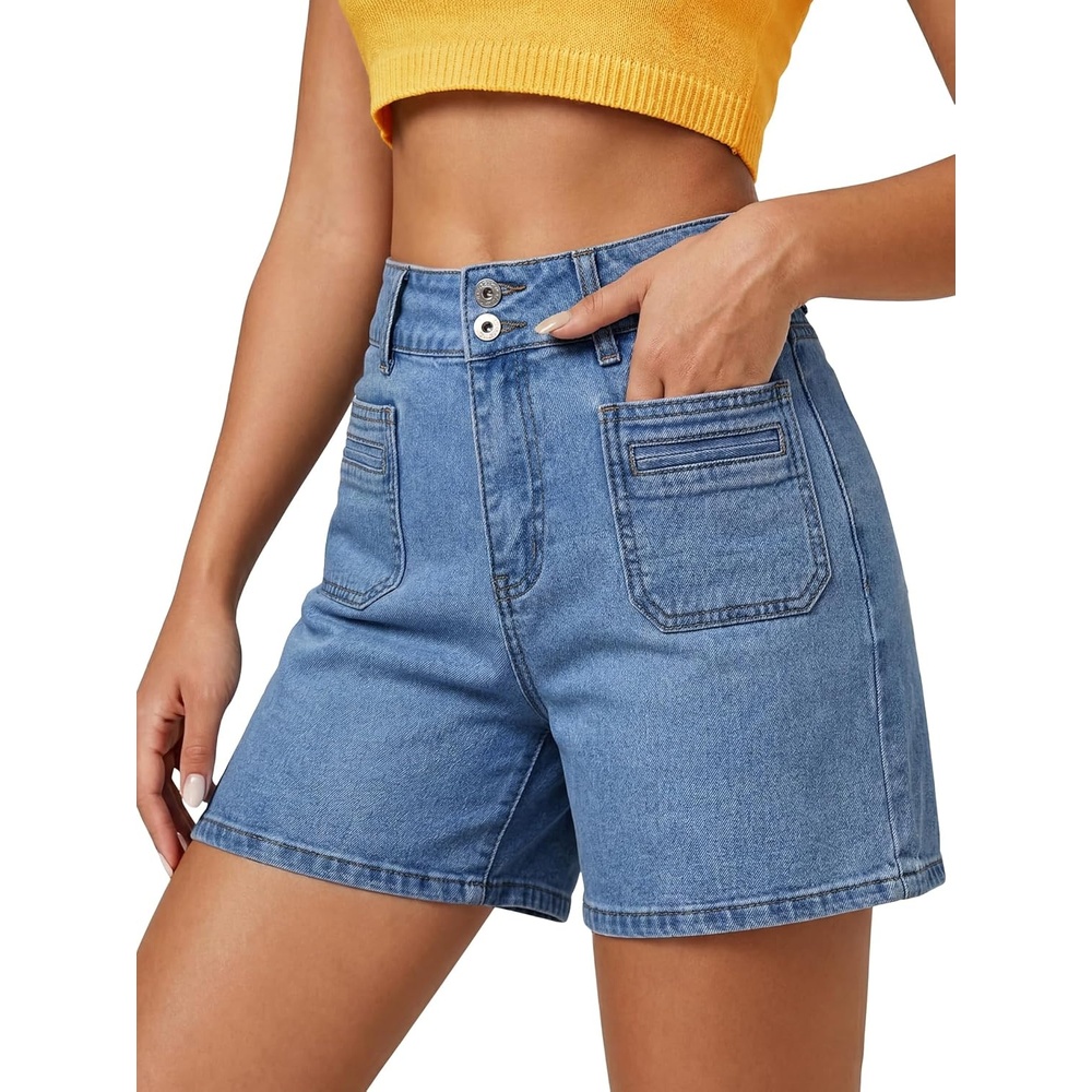 image:imageEMMIOL Bermuda Jean Shorts for Women Long Knee Length High Waisted Stretchy Cotton Jorts with Pockets Denim Summer Clean Fit016blue