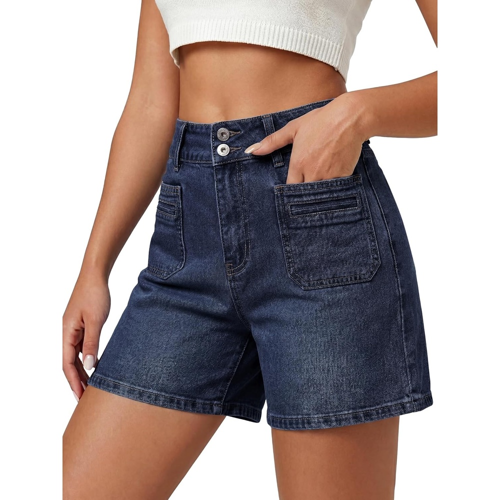image:imageEMMIOL Bermuda Jean Shorts for Women Long Knee Length High Waisted Stretchy Cotton Jorts with Pockets Denim Summer Clean Fit016dark Blue