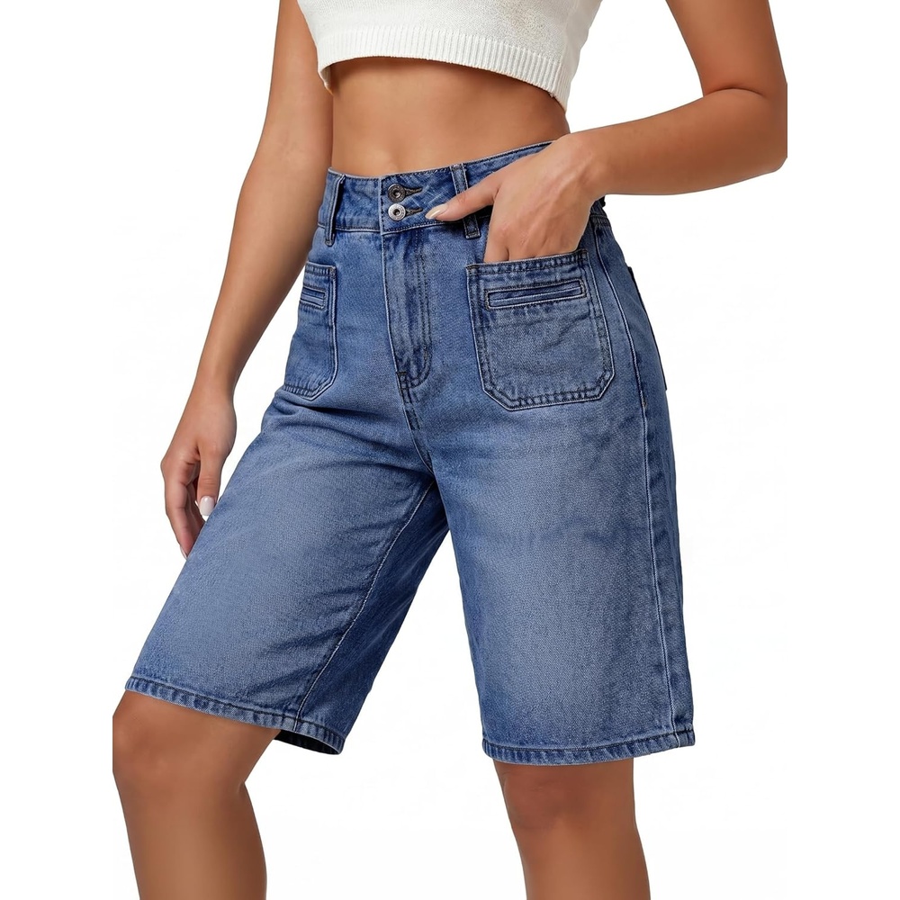 image:imageEMMIOL Bermuda Jean Shorts for Women Long Knee Length High Waisted Stretchy Cotton Jorts with Pockets Denim Summer Clean Fit017blue