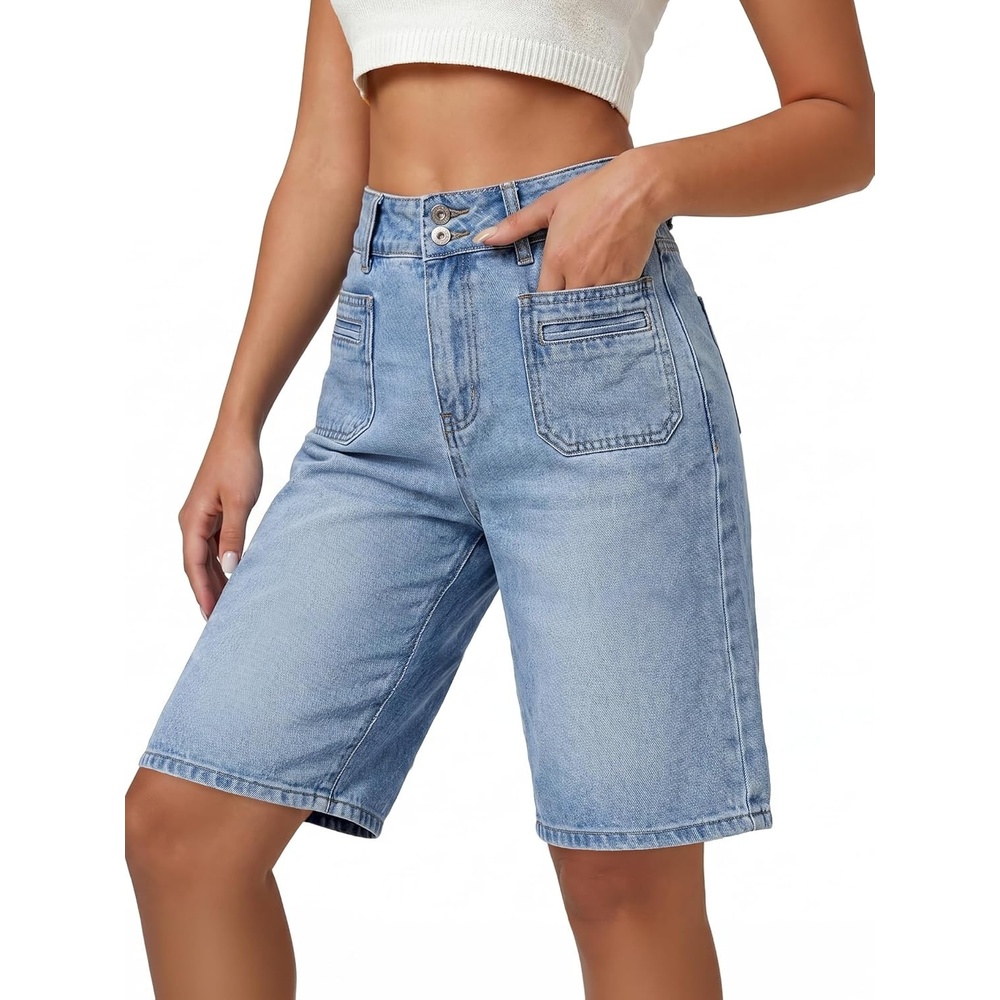 image:imageEMMIOL Bermuda Jean Shorts for Women Long Knee Length High Waisted Stretchy Cotton Jorts with Pockets Denim Summer Clean Fit017light Blue