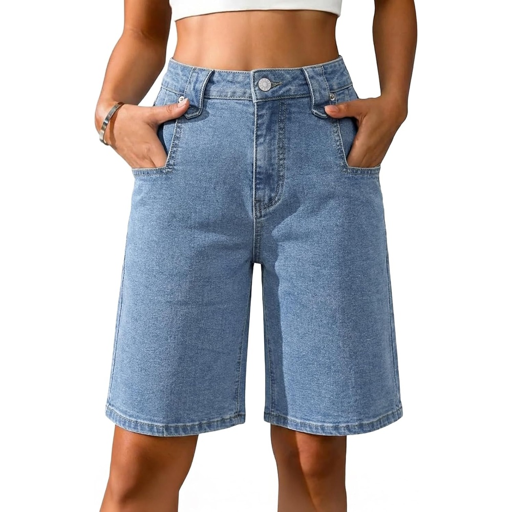 image:imageEMMIOL Bermuda Jean Shorts for Women Long Knee Length High Waisted Stretchy Cotton Jorts with Pockets Denim Summer Clean FitSky Blue